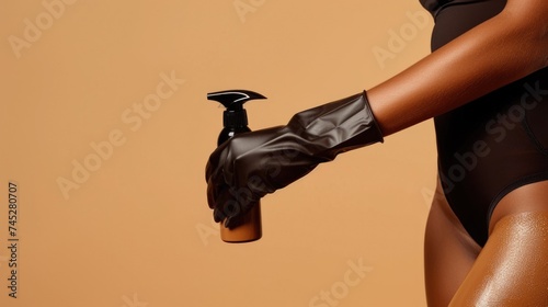 Woman self tanning. Chic Tanning Product Showcase. An elegant gloved hand presents a spray tan product, against a minimalist backdrop, exuding luxury and style