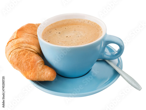 Fototapeta Naklejka Na Ścianę i Meble -  1 Tasse Kaffee mit Croissant und Hintergrund transparent PNG cut out
