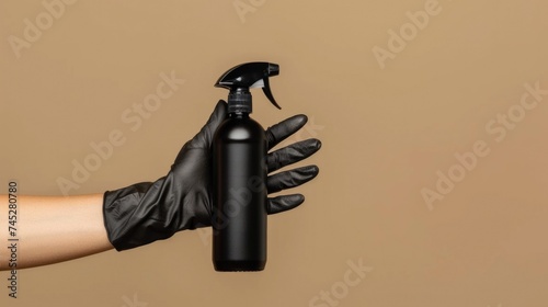 Woman self tanning. Chic Tanning Product Showcase. An elegant gloved hand presents a spray tan product, against a minimalist backdrop, exuding luxury and style
