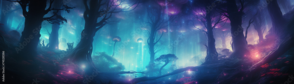 Enchanted trees glowing with a mystical aura - obrazy, fototapety, plakaty 