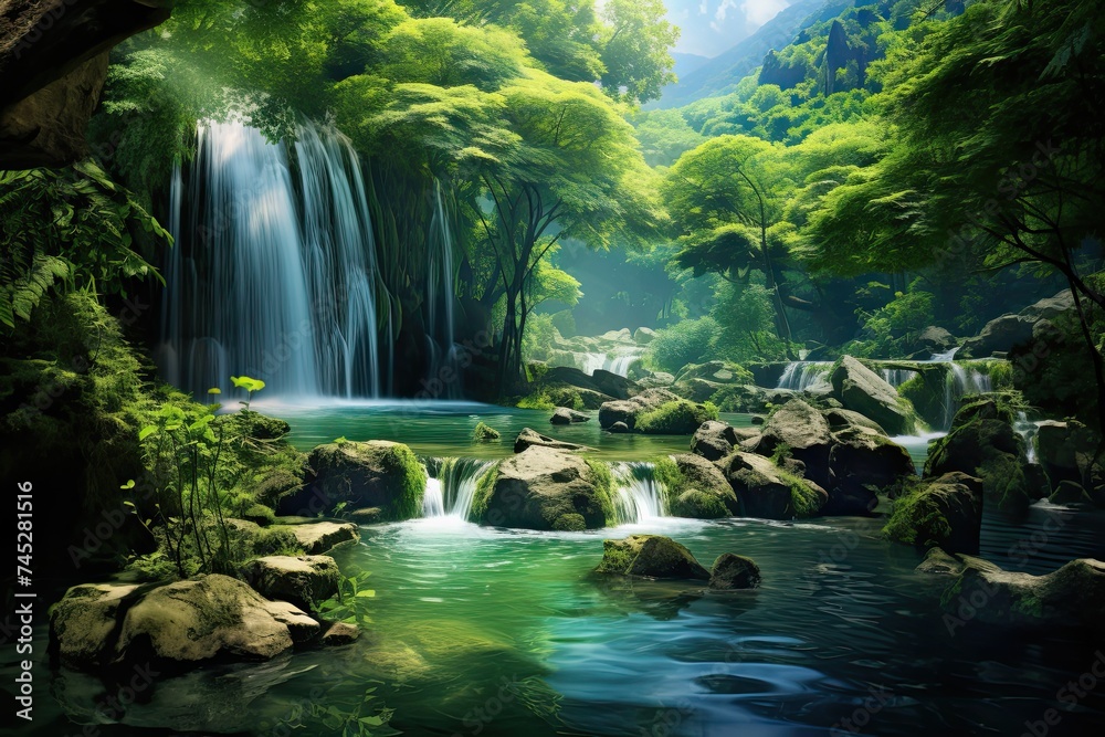 Nature Wallpaper with 3D Waterfall, Forest and River in Lush Green Landscape. Serenity of Nature
