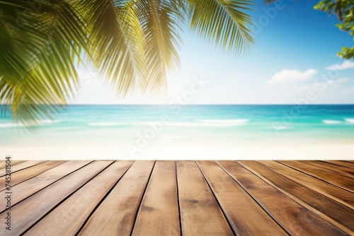 Tropical Beach Vacation Background with Seascape, Palm Leaves & Wood Table. Empty Table Ready
