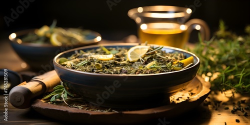 Capturing the Rejuvenating Essence of Asian Tea Infusion: A Serene Herbal Blend in a Cup. Concept Tea Drinking Rituals, Asian Herbal Blends, Rejuvenating Tea Experience, Serene Tea Moments photo