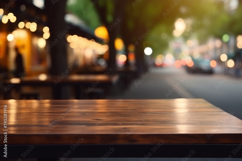 Empty wooden table top with blurred bokeh light background for product display or food photography