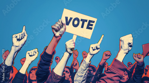 Vote sign held by a hand during a manifestation, polling, elections, politics, voting, political, graphic, illustration