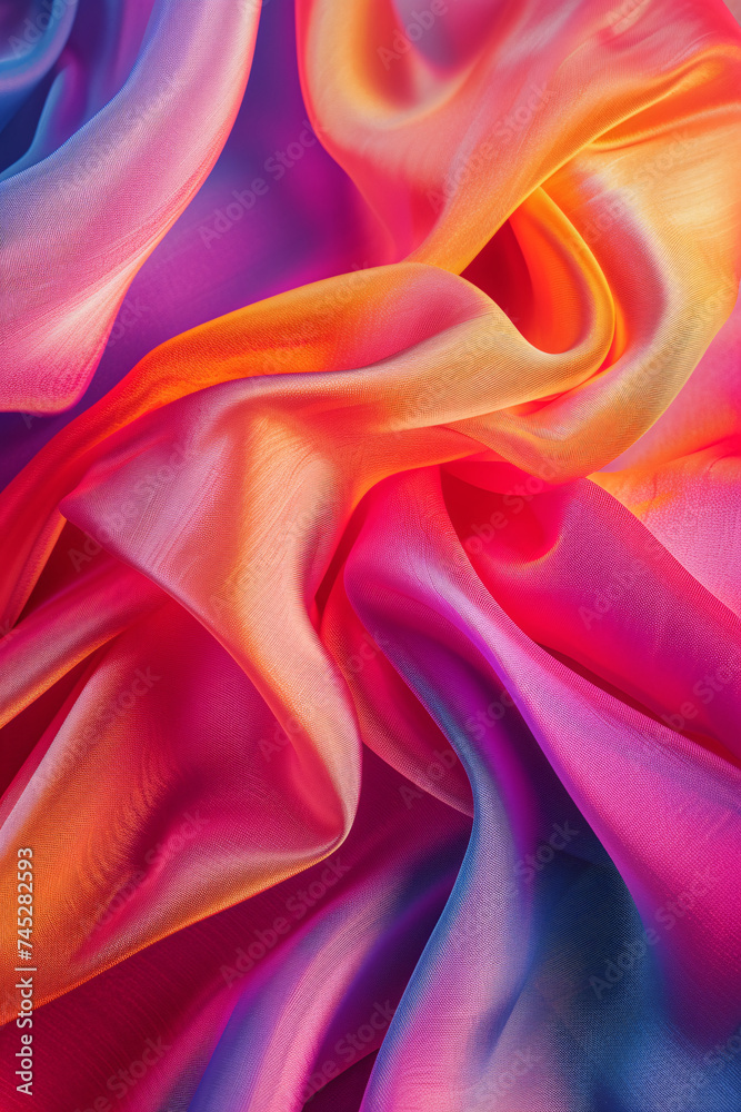 Obraz premium Close-up of luxurious silk fabric with flowing waves showcasing a gradient of vivid colors from pink to orange and blue.