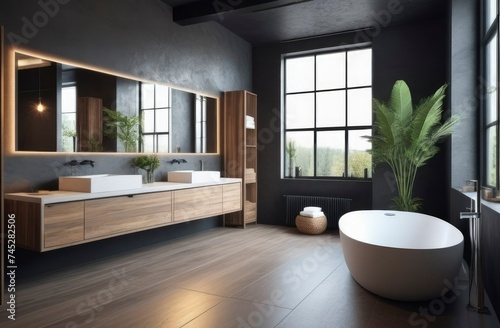 modern grey bathroom interior in loft style with countertop basin  mirror and shower