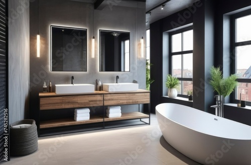 modern grey bathroom interior in loft style with countertop basin, mirror and shower