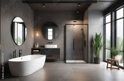 modern grey bathroom interior in loft style with countertop basin, mirror and shower © Inna