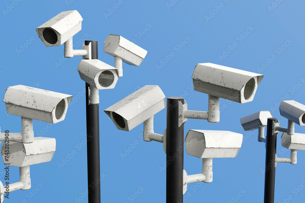 CCTV surveillance everywhere to track activities of individuals and counter terrorism. Illustration of the concept of mass surveillance CCTV surveillance everywhere to track activities of individuals and counter terrorism. Illustration of the concept of mass surveillance