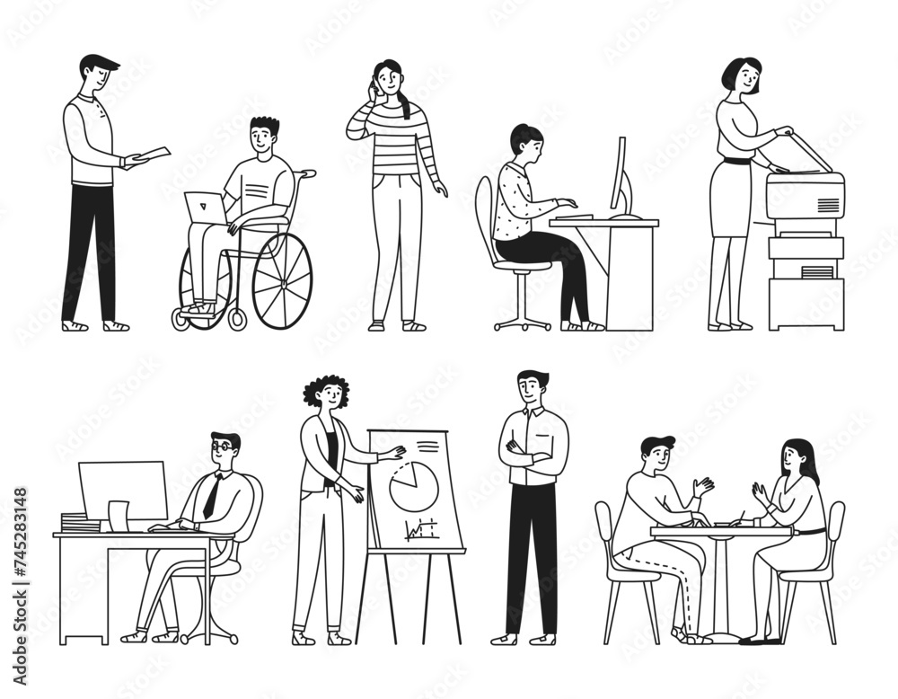 Set of diverse business people, men and women of different ages and body types in office suits. Isolated on white. Doodle style