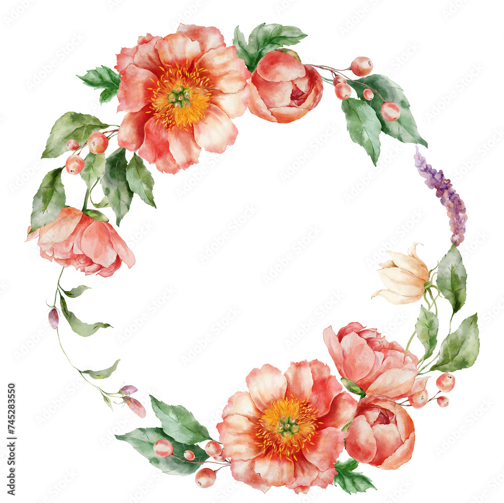 Obraz premium Watercolor wreath of flower bouquet with peonies, berries, leaves and buds. Hand painted floral card of wildflowers isolated on white background. Holiday Illustration for design, print or background.