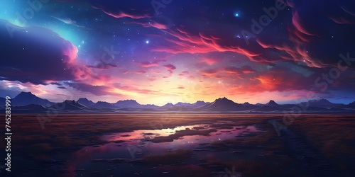 Energetic landscape at sunset with vibrant colors and nightcore music vibes. Concept Surreal Landscape  Vibrant Colors  Sunset Silhouette  Nightcore Music  Energetic Atmosphere