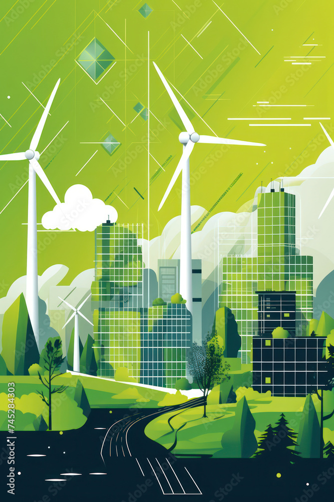 Green City: A Windy Illustration of Eco-Friendly Energy in a Modern Urban Landscape