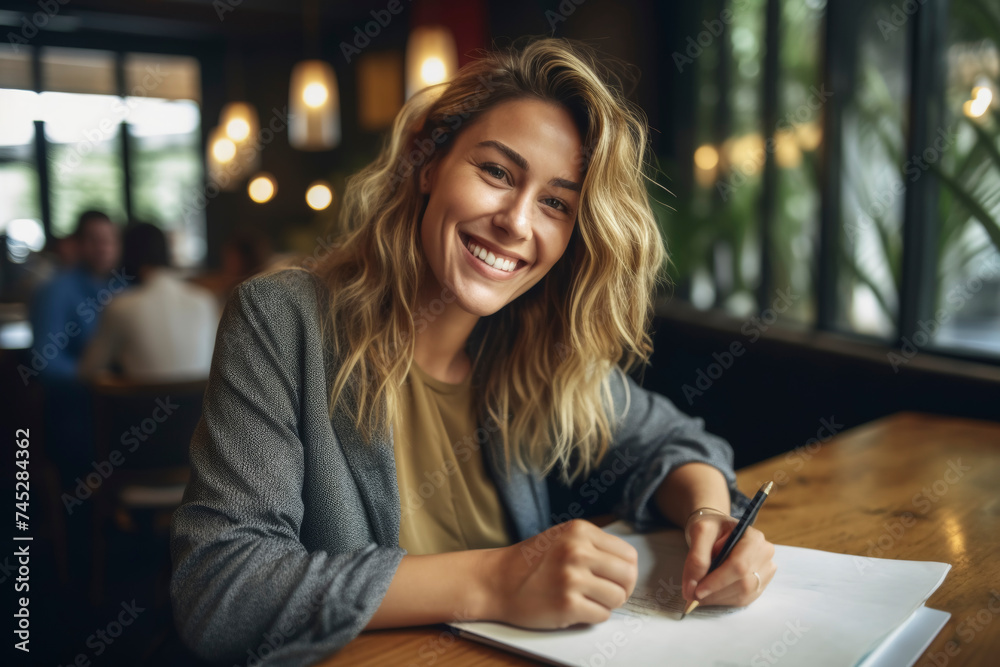 Smiling Woman Writing in a Cafe Smiling Woman Writing in a Cafe