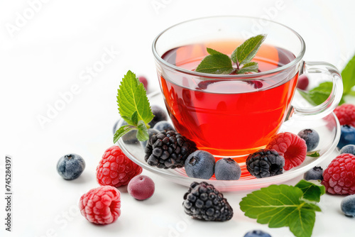 A Cup of Tea Surrounded by Berries and Mint