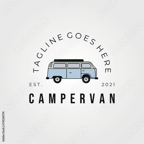 camper van car logo vector vintage illustration design, summer camp RV