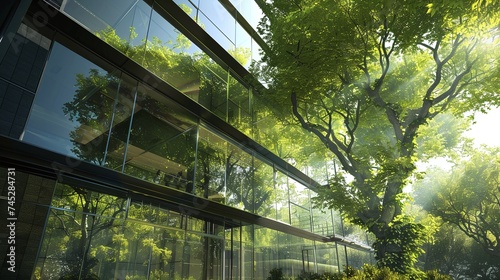 eco-conscious architecture balancing nature and modernity in green tree and glass office building