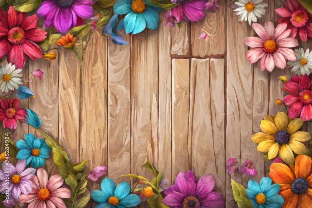 A illustration flower on wooden of spring seasonal.Generative AI illustration