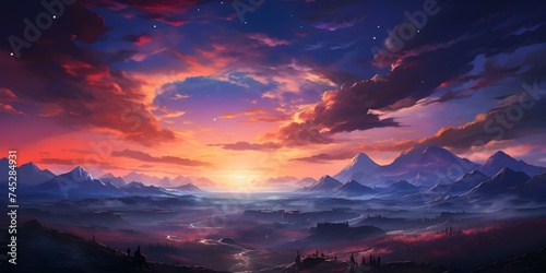 Colorful Sunset Landscape with Energetic Nightcore Music Vibes. Concept Sunset Photography, Colorful Landscapes, Energetic Music, Nightcore Vibes photo
