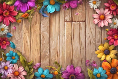 A illustration flower on wooden of spring seasonal.Generative AI illustration