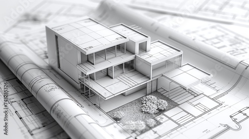 residential project concept with model house on blueprint drawings for construction plan