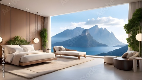 A bedroom with a large bed and a massive window showing a beautiful mountain and lake view.,modern living room with a view,Secluded Bedroom Getaway with Panoramic Mountain Vista