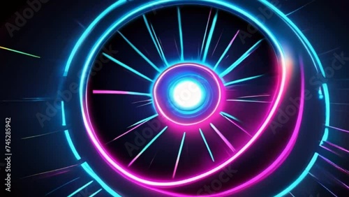 Video, abstract background. A neon wheel spins in the center. AI generative.
