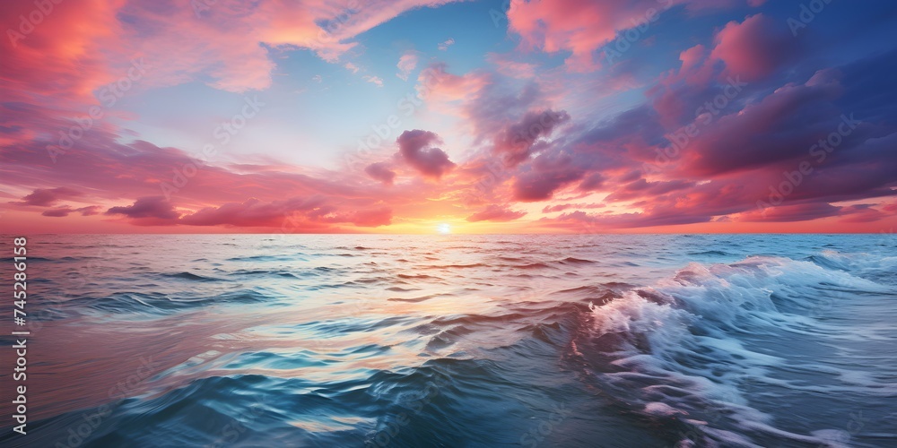 Captivating ocean sunset with vibrant colors reflecting on the water's surface. Concept Nature, Ocean, Sunset, Vibrant Colors, Reflections