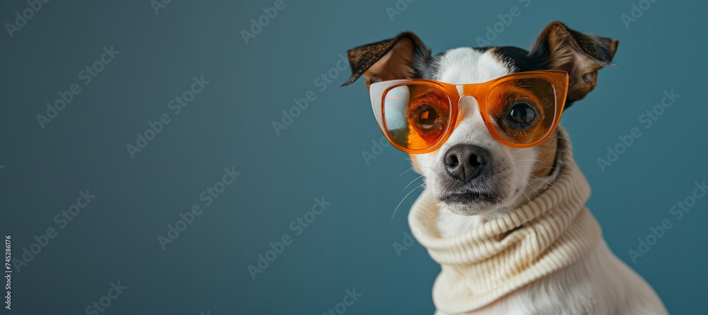 portrait of a jack russel dogs head is graced sleek, geometric hat that and On eyes, she sports a pair of statement sunglasses in line with the trends designs. Banner. Copy space in a blue backgroung