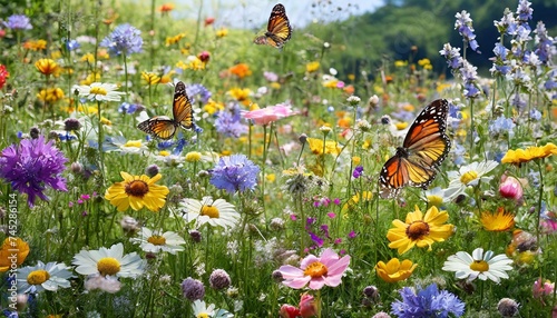 A field of wildflowers in full bloom, swaying gently in the summer breeze with butterflies flitting between them. photo