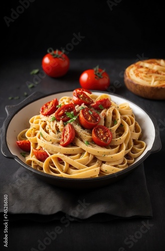 italian fettuccine pasta with roasted tomatoes with spices and fresh basil top view on dark background 