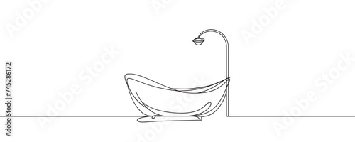 Continuous pattern style bathtub. Bath minimalist black linear design. Vector illustration