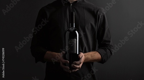 man holding a bottle of red wine with a blank label mockup against a dark background