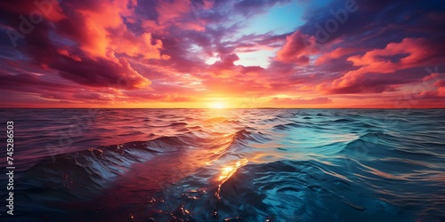 Vibrant colors reflected on the water's surface during a stunning ocean sunset. Concept Ocean sunset, Vibrant colors, Water reflections, Stunning scenery