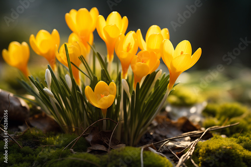 illustration of yellow spring crocus flowers in spring. Created with Generative AI