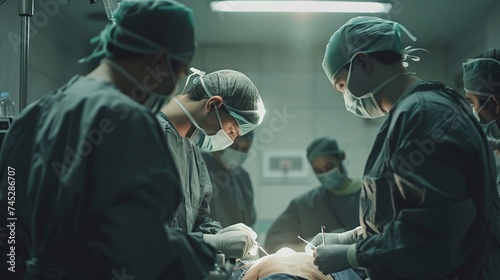 dedicated team of surgeons focused on saving lives during an intense surgery in a sterile hospital environment