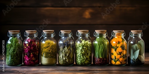 Assorted dried herbs in glass bottles for natural herbal remedies display. Concept Herbal Remedies, Glass Bottles, Dried Herbs, Natural Display