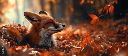 A red fox with fluffy fur peacefully lays on a pile of autumn leaves, observing the surroundings with alert eyes. The vibrant red coat of the fox contrasts beautifully with the colorful foliage © TheWaterMeloonProjec