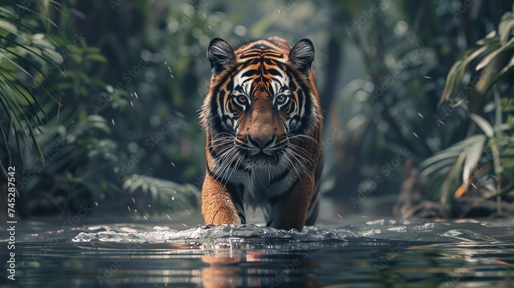 up-close encounter with a wild male tiger in the river, a thrilling glimpse into the world of big cats