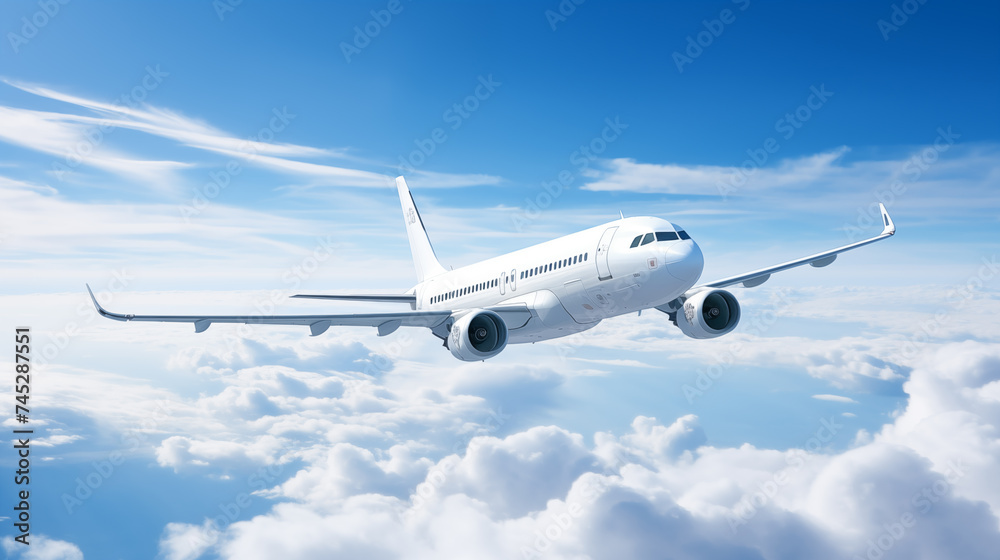 Commercial airplane flying above clouds with clear blue sky. Commercial airplane flying above clouds with clear blue sky.