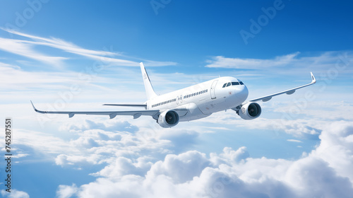 Commercial airplane flying above clouds with clear blue sky.