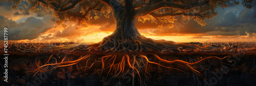 Majestic Tree Root System Engulfed in Flames at Dusk