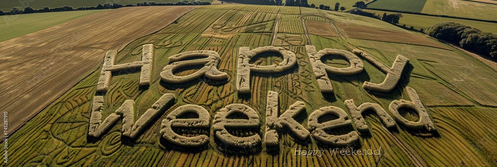 Happy weekend text words written in crops, drone view from above. 
