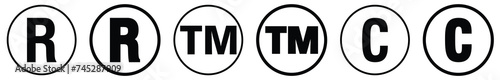 Register R, trademark tm and copyright c mark vector symbol in round circle.