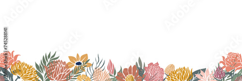 Horizontal floral banner  border  backdrop  overlay decorated with gorgeous blooming abstract flowers and leaves. Summer  autumn botanical flat vector illustration isolated on transparent background.