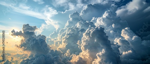 Majestic Cumulus Clouds at High Altitude. A breathtaking aerial view of towering cumulus clouds bathed in the golden light of the setting sun