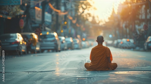 spiritual harmony in the midst of city hustle Buddhist monk meditating on busy street photo