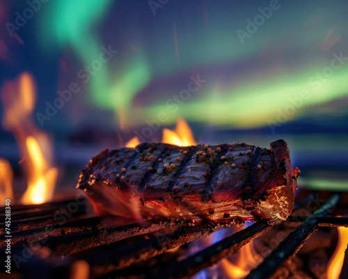 Aurora lit sky over a grill where a food critic evaluates cod amidst a backdrop of culinary battles
