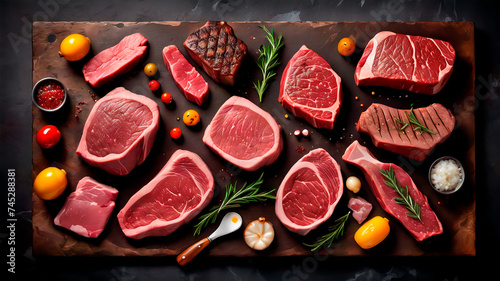 Sumptuous Symphony: A Captivating Culinary Canvas of Prime Beef Steaks and Luscious Raw Cuts on a Rustic, Dark Table